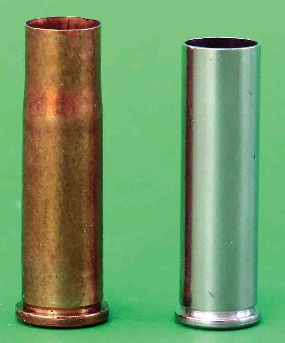 The .32-20 case (left) has greater capacity than the .327 Federal Magnum case (right). When handloaded with +P pressures of 30,000 psi, its performance level can approach the .327, but operates at 15,000 psi less pressure.